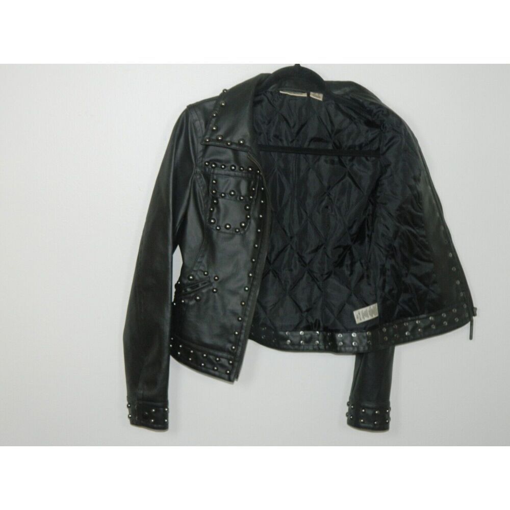 DKNY Jacket‎ Size Smalll Black Faux-Leather  Studded Moto Quilted Lining - Picture 6 of 11